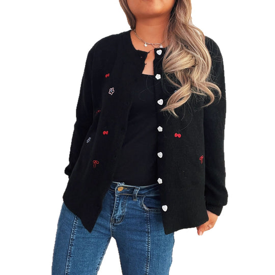 Damen Strickjacke mit liebevollem Blumen- und Kirschdesign EB