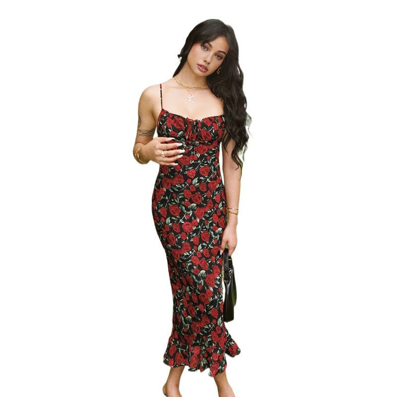 Damen Maxikleid mit Blumenmuster und voluminösem Saum EB