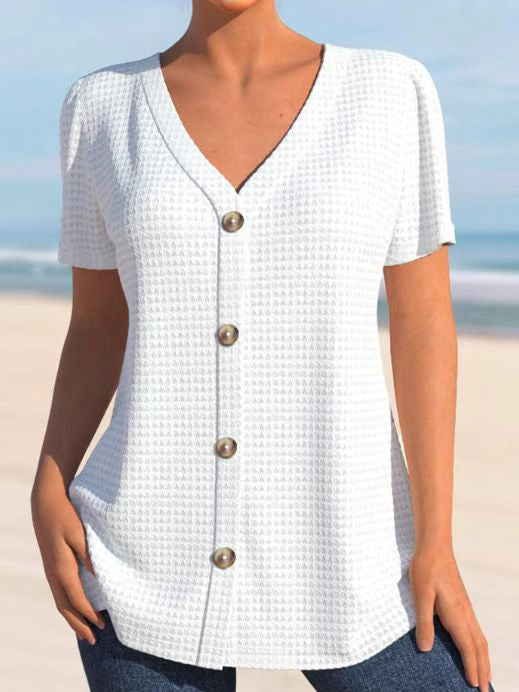 Damen Kurzarm-Bluse mit elegantem Knopfverschluss und strukturiertem Design Heidi-Mode