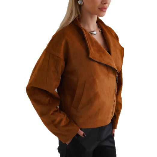 Damen Trendige Kurzjacke im lässigen Biker-Stil mit asymmetrischem Reißverschluss und tiefem Kragen EB