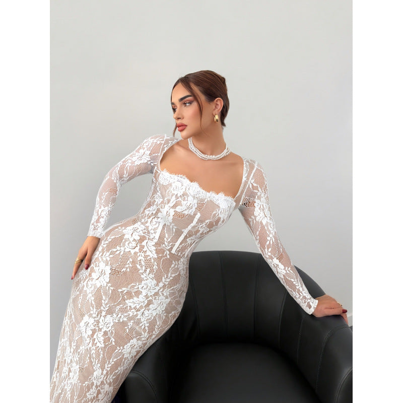 Damen Spitzenkleid mit transparentem Design und eleganten Details EB