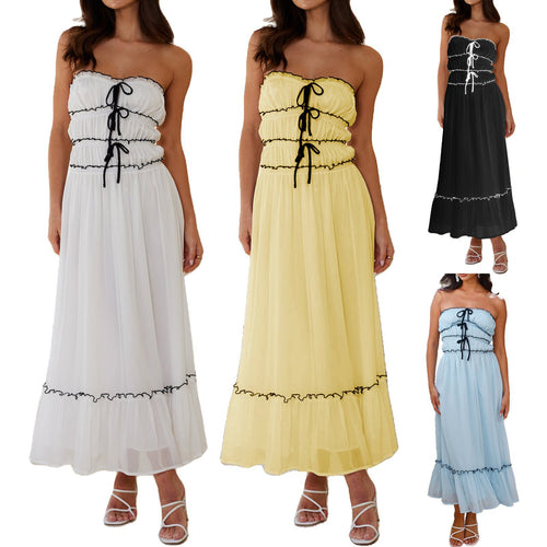 Damen Maxikleid mit dekorativen Rüschendetails und verstellbarem Bindegürtel EB