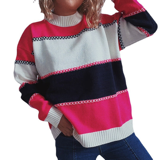 Damen modischer Streifenpullover mit hochgeschlossenem Kragen und lässigem Schnitt EB