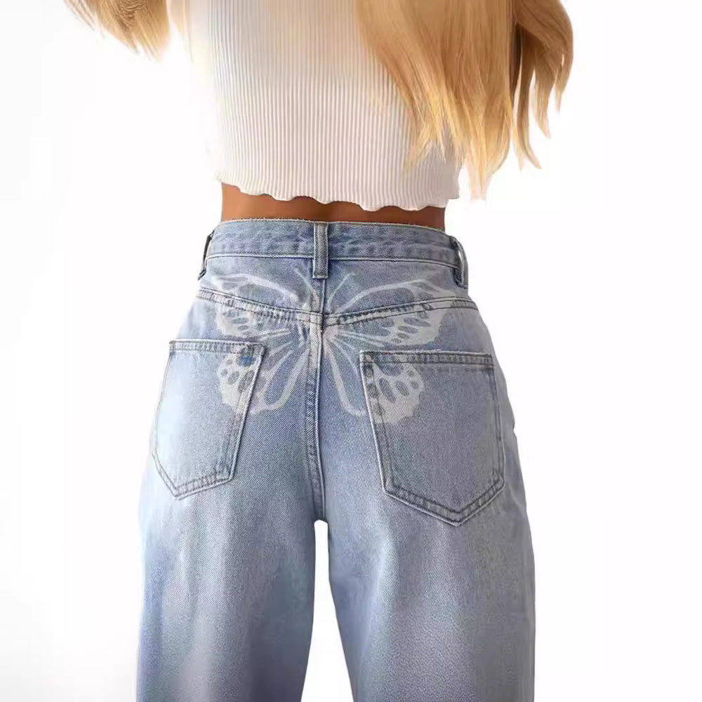 Damen Jeans im Vintage-Style mit dekorativem Schmetterlingsmuster EB