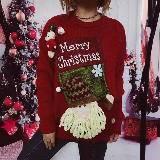 Damen Weihnachts-Pullover mit festlichem Design und 3D-Applikationen EB