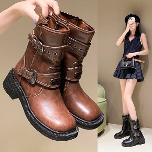 Damen modische Stiefel mit dekorativen Schnallen und robustem Profil EB