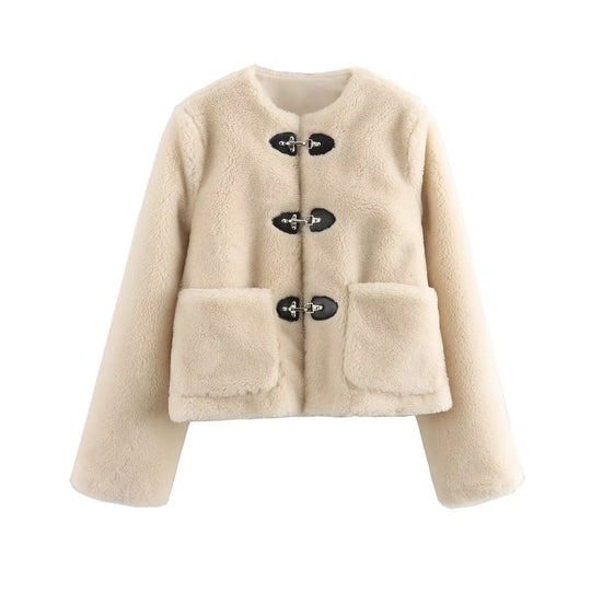 Damen kuschelige Fleecejacke mit dekorativen Knöpfen EB