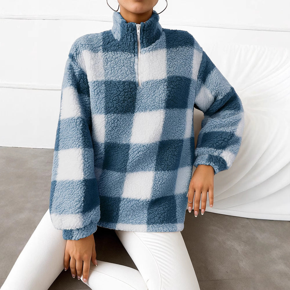 Damen nan kariertes Teddy-Fleece Pullover mit Stehkragen und halbhohem Reißverschluss EB