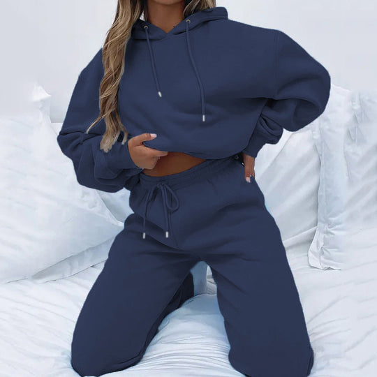 Damen nan Cropped Kapuzenjacke und High-Waist Jogginghose Set aus French Terry mit elastischem Bund EB