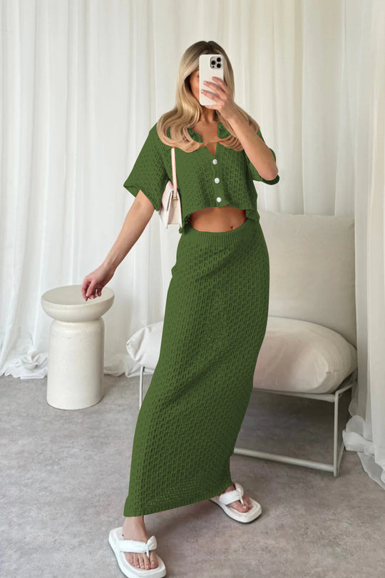 Damen lässiges Strick-Set mit cropped Jacke und Wickelrock EB