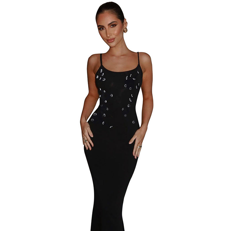 Damen figurbetontes Maxikleid mit schickem Spaghettiträger-Design und elegantem Glitzerakzent EB