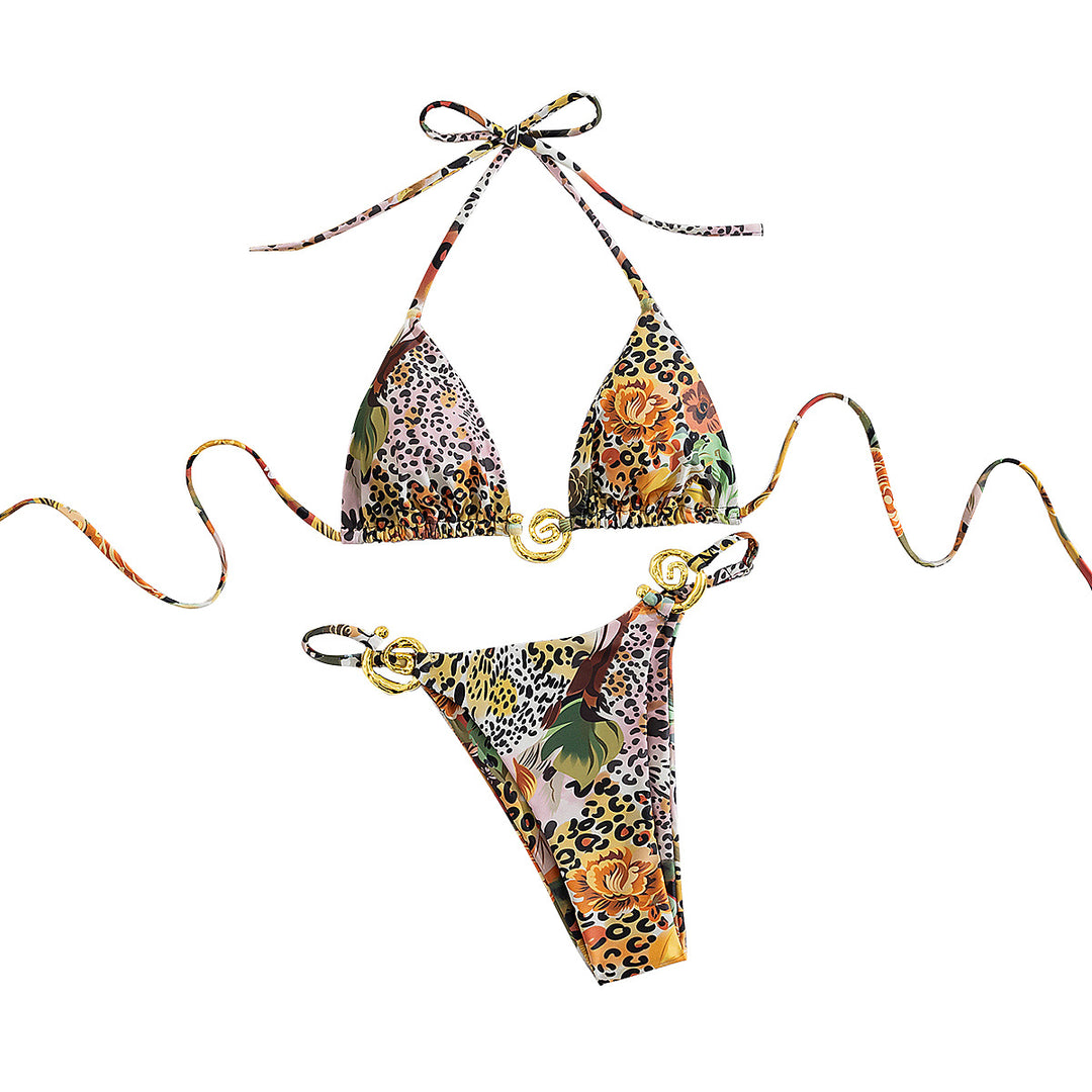 Damen Triangel-Bikini mit eleganten Gold-Details und farbenfrohem Blumendruck EB