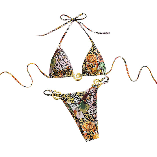 Damen Triangel-Bikini mit eleganten Gold-Details und farbenfrohem Blumendruck EB