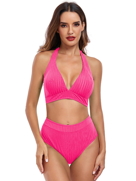 Damen Hochtaillierter Bikini mit V-Ausschnitt und Rippstruktur EB