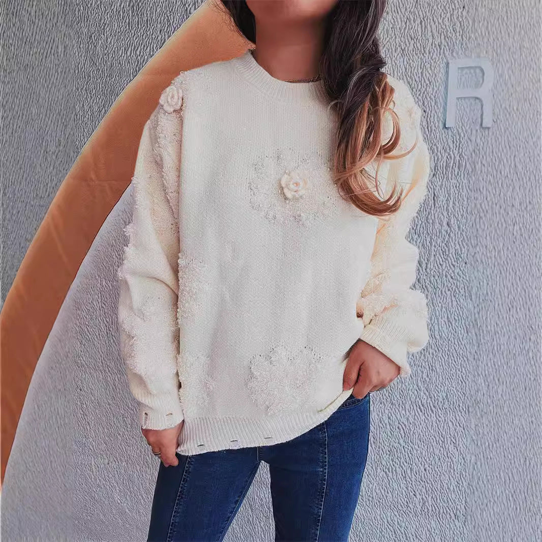Damen Strickpullover mit romantischen Blumenapplikationen und weichem Material EB