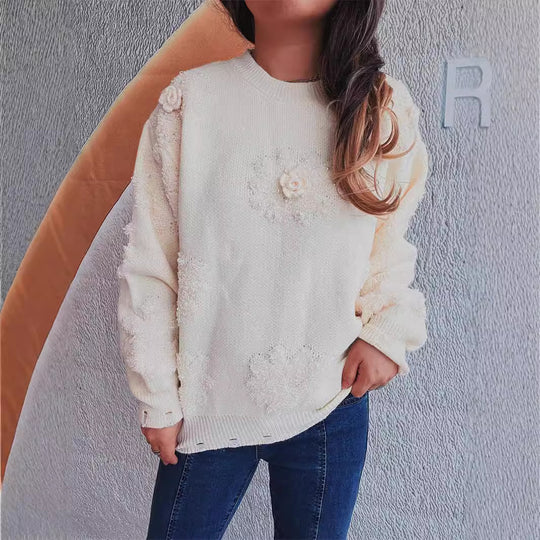 Damen Strickpullover mit romantischen Blumenapplikationen und weichem Material EB