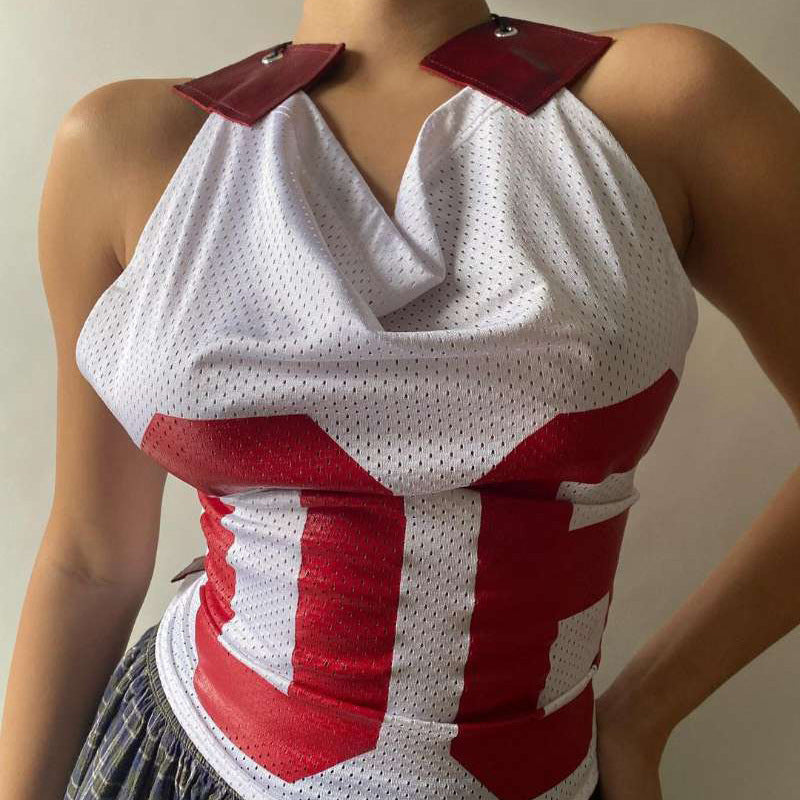 Damen Sportliches Netzoberteil mit asymmetrischem Design und dekorativen Schnürungen EB