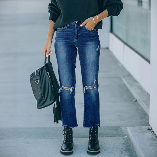 Damen Cropped Jeans mit modischen Rissen und lässigem Saum EB