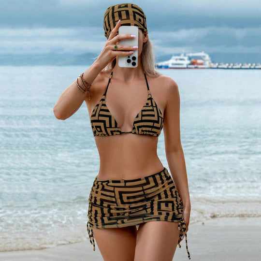 Damen Triangel-Bikini mit Wickelrock und grafischem Muster EB