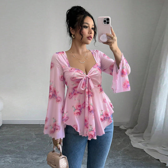Damen florales Chiffon-Top mit Bindeschleife, Herzausschnitt, ausgestellten Glockenärmeln und tailliertem Schößchen Eichborn Berlin