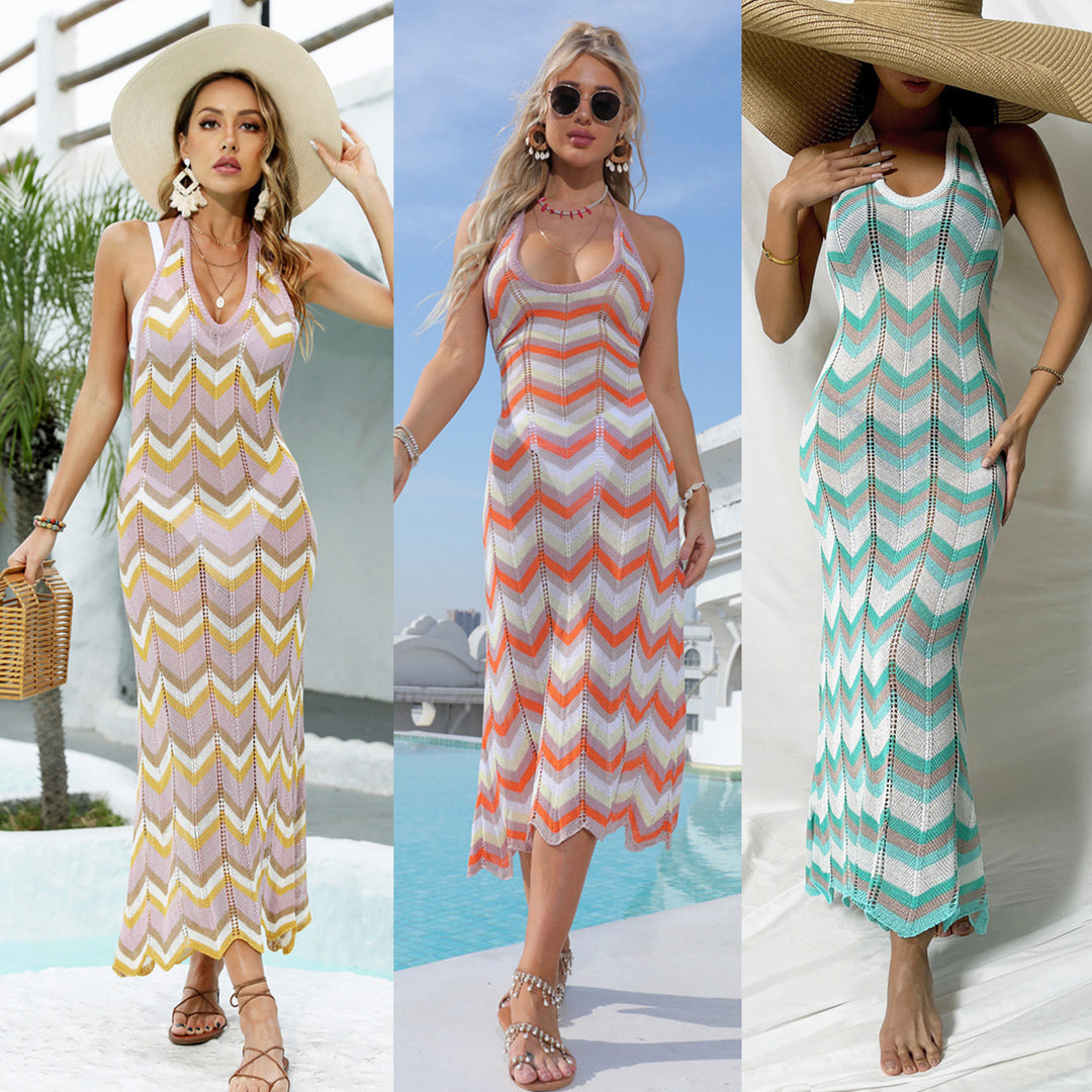 Damen Häkel-Maxikleid mit Chevron-Muster EB