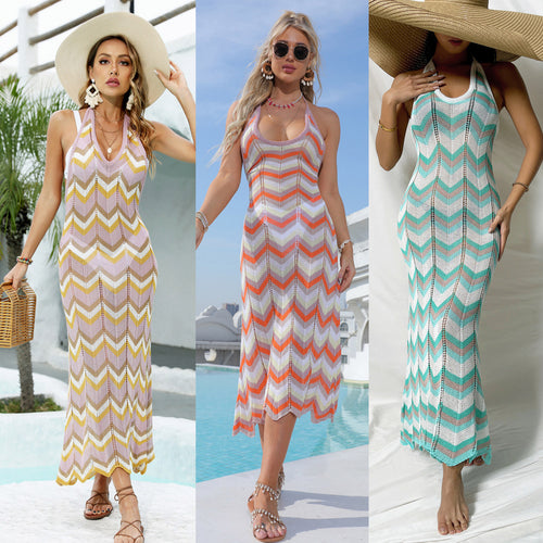 Damen Häkel-Maxikleid mit Chevron-Muster EB