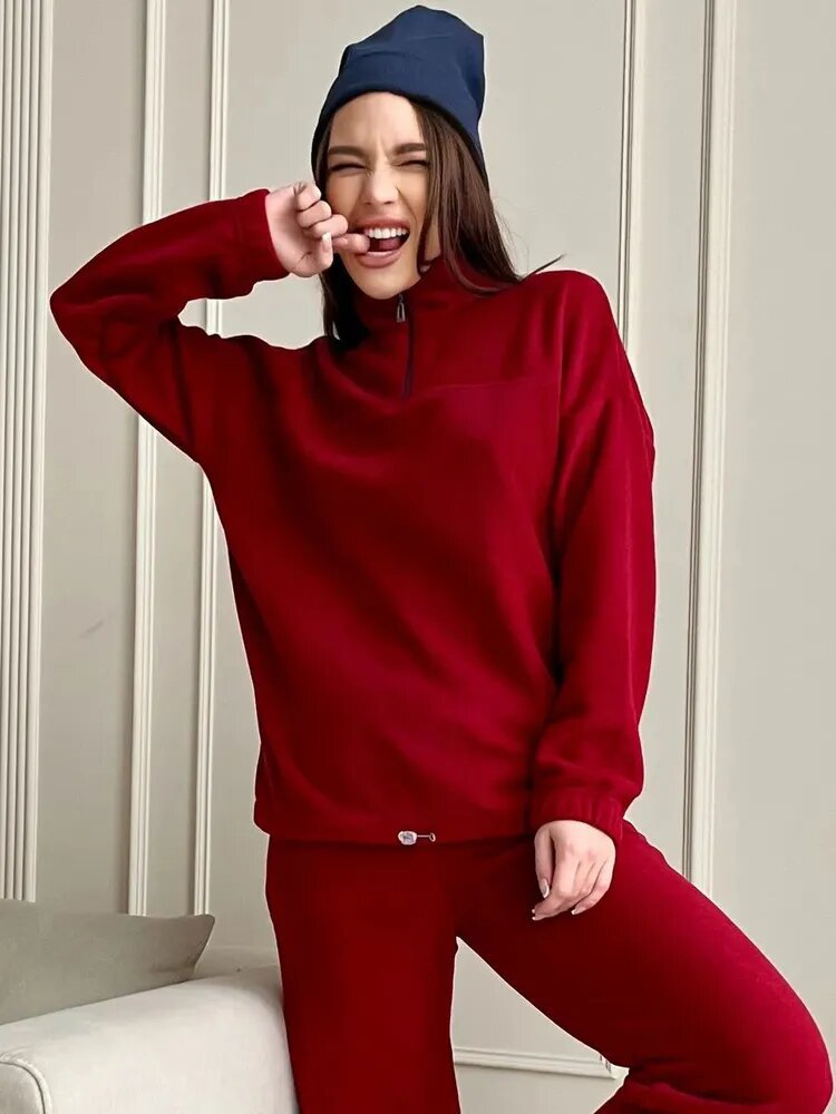 Damen Kuscheliges Fleece-Loungewear-Set mit Halb-Reißverschluss und elastischem Bund EB