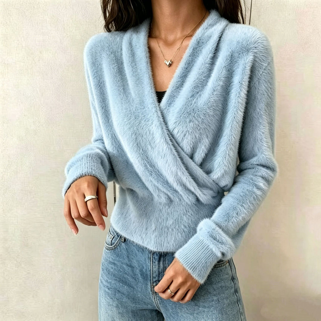 Damen Kuscheliger Wickel‑Pullover aus Faux‑Fur mit tiefem V‑Ausschnitt EB