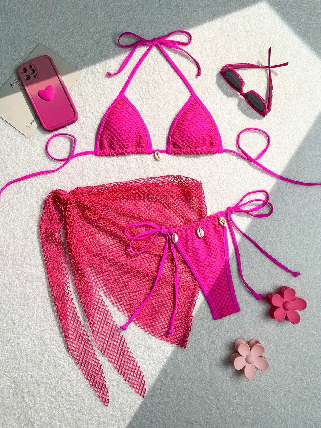 Damen Triangel-Bikini mit transparentem Netzgewebe und Schnürdetails EB