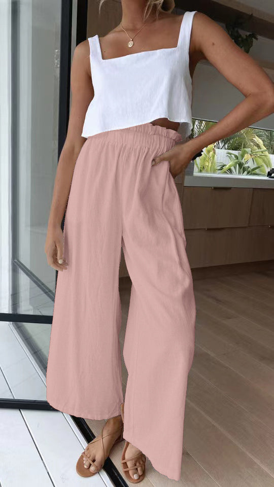Damen luftige Palazzo-Hose mit elastischem Bund und weit geschnittenen Beinen EB