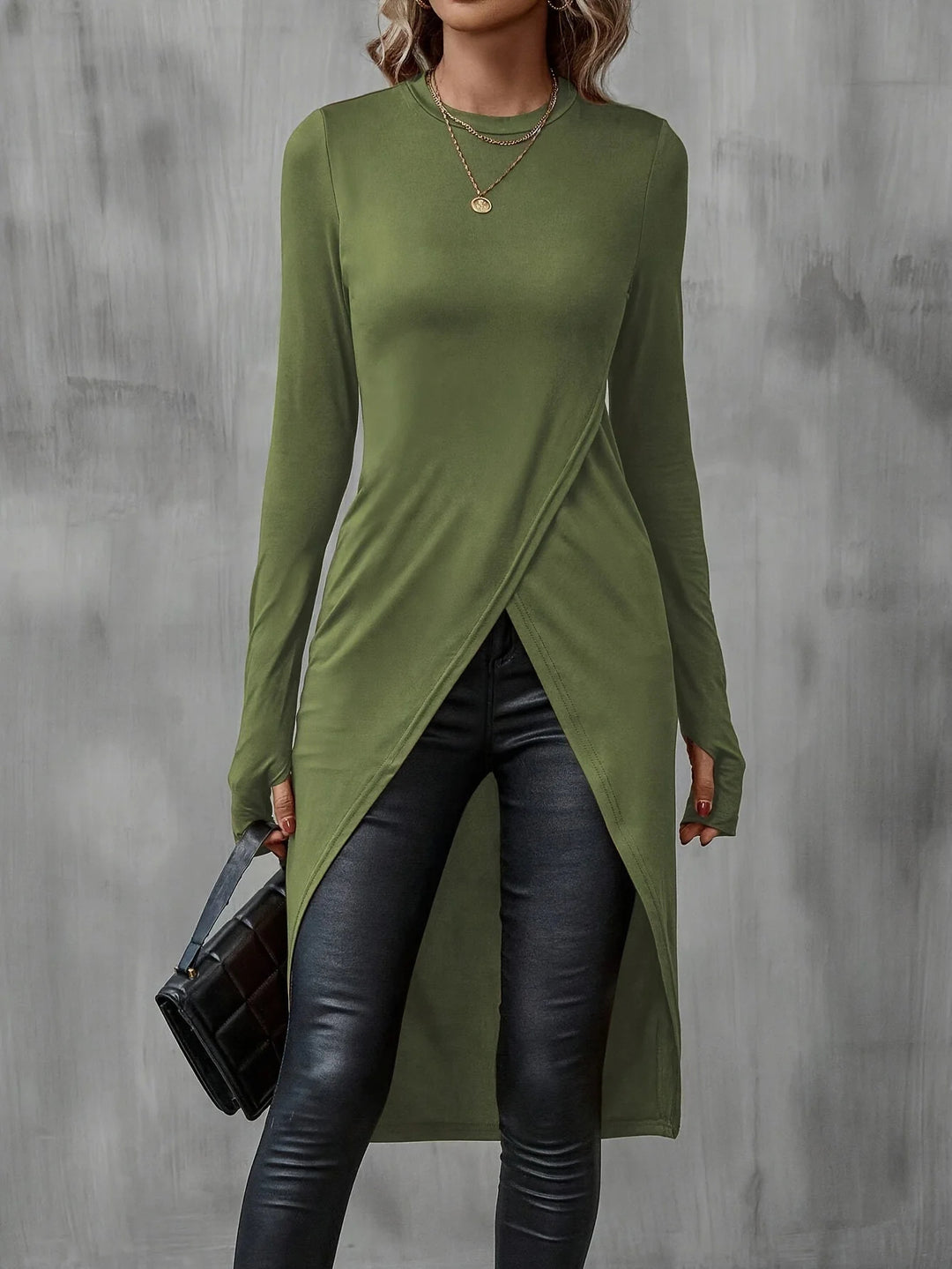 Damen Langes asymmetrisches Wickel-Tunika-Top mit Frontschlitz EB