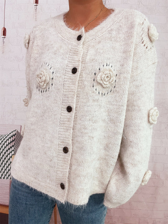 Damen Strickjacke mit floralen Applikationen und dekorativen Knöpfen EB