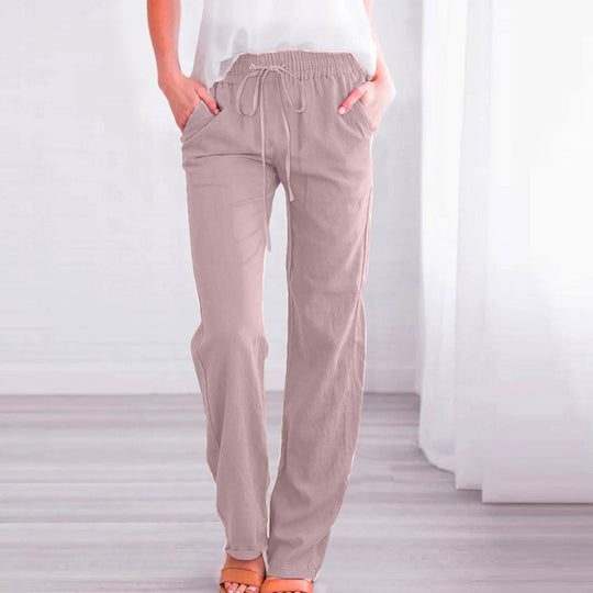 Damen Bequeme Leinen-Hose mit elastischem Bund und Taschen EB