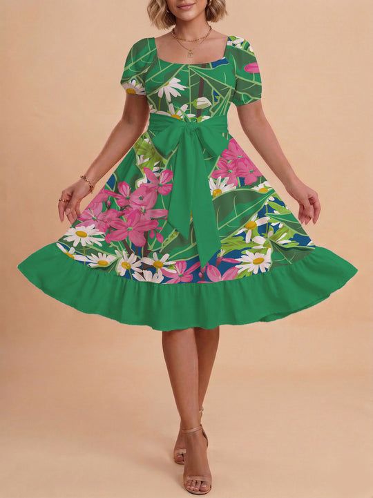 Damen modernes Blumenkleid mit elegantem Taillengürtel und asymmetrischem Saum EB