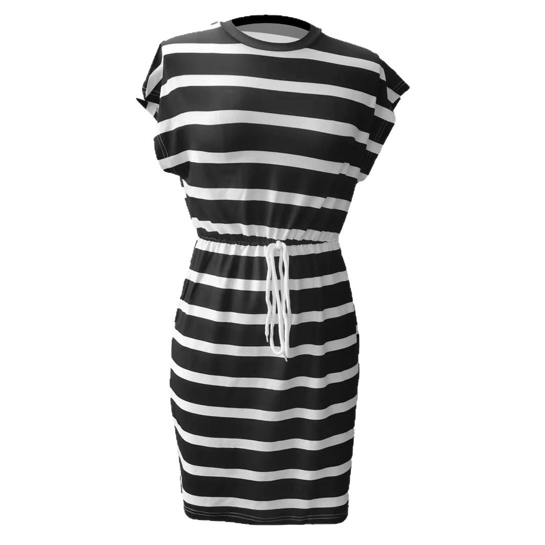 Damen Freizeitleinenkleid mit bunten Streifen und verstellbarem Taillenzug EB