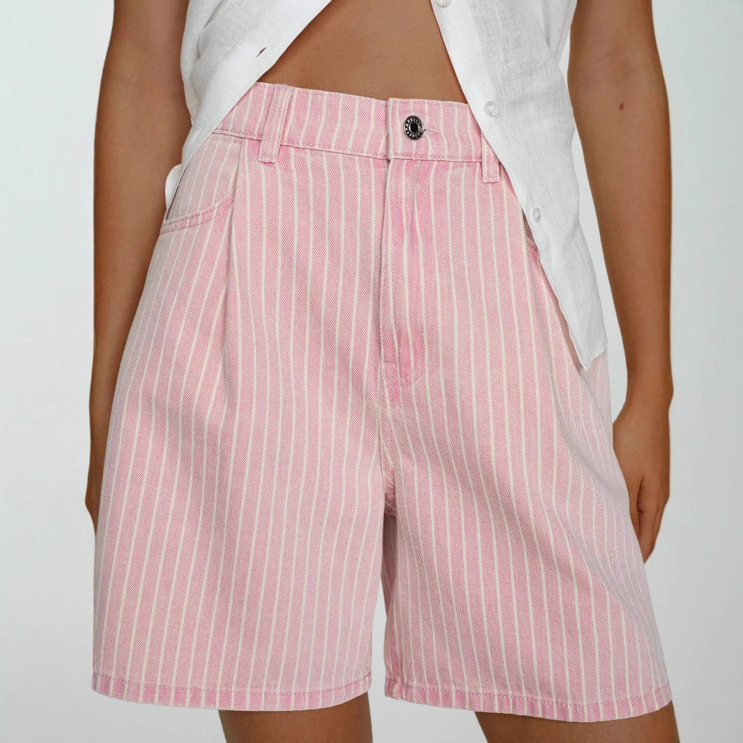 Damen Hoch taillierte Stoff-Shorts im modischen Streifen-Design EB