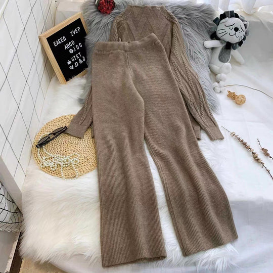Damen Set aus Strickpullover und Weit geschnittenen Hose EB