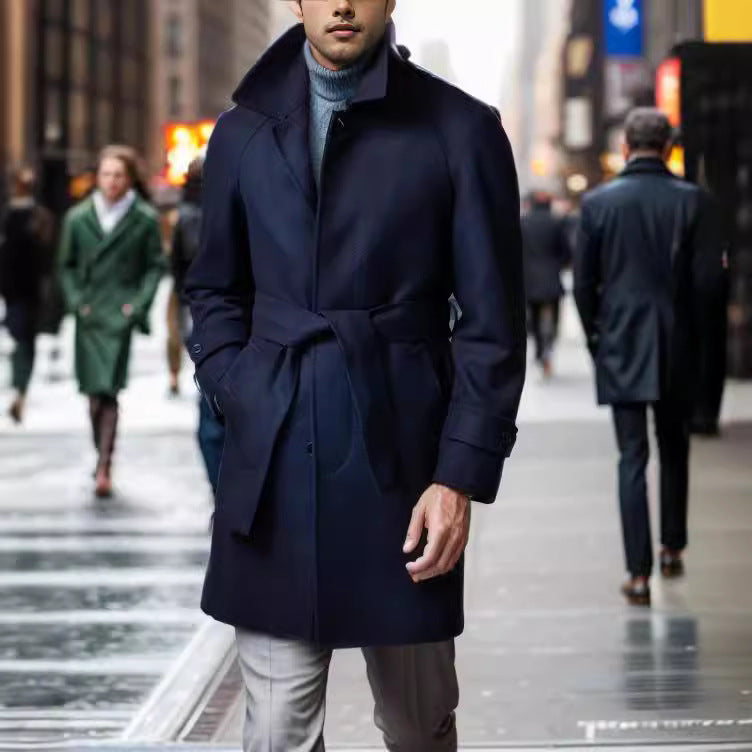 Herren modischer Wolltrenchcoat mit Bindegürtel und großen Taschen EB