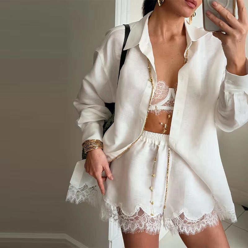 Damen nan zweiteiliges Satin-Pyjama-Set mit Hemdbluse, Gummibund-Shorts und Spitzenbesatz EB