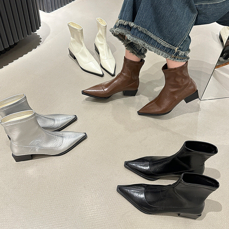 Damen elegante Stiefeletten mit spitzem Zehenbereich und Blockabsatz EB