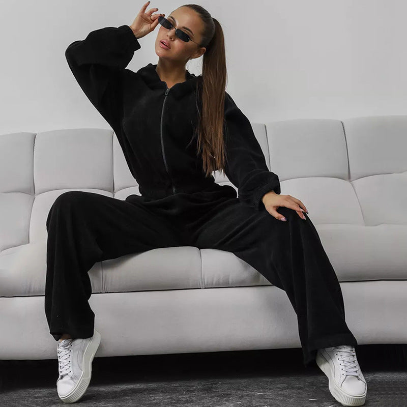 Damen Velours-Loungewear-Set mit kurzem Reißverschluss-Hoodie und weiter hochgeschnittener Palazzohose EB