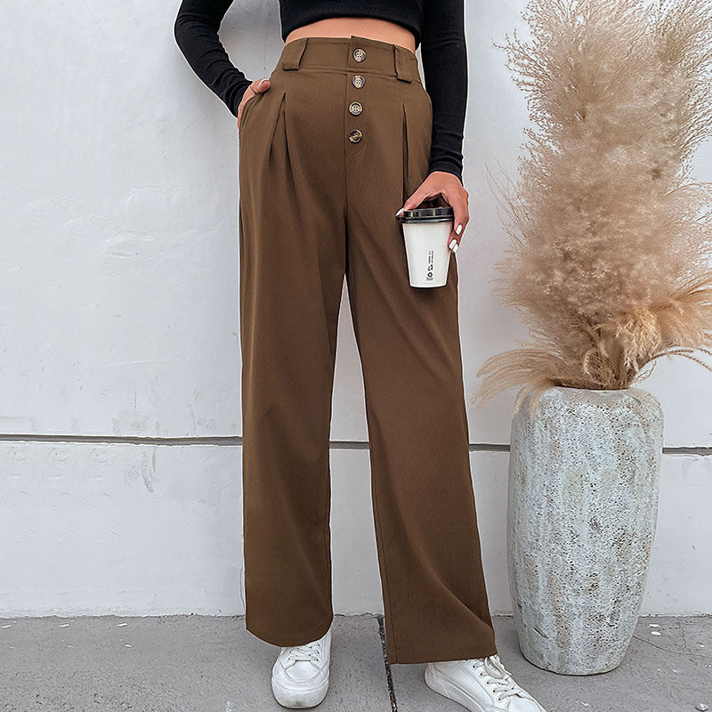 Damen weite Stoffhose mit dekorativen Knopfdetails und Faltenwurf EB