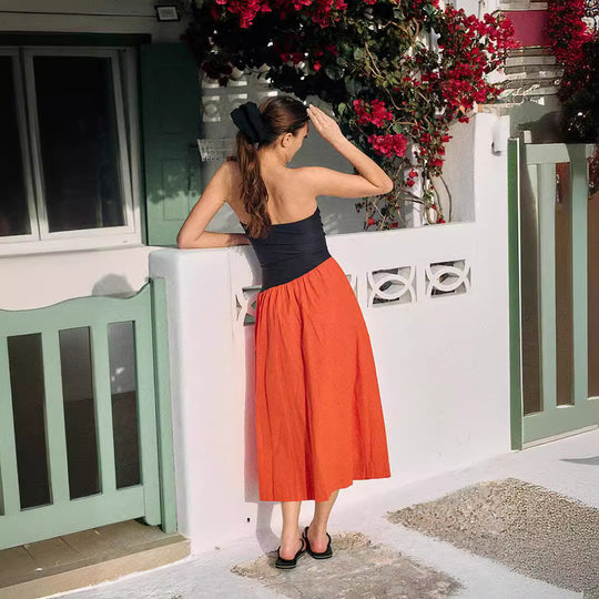 Damen ärmelloses Maxi-Kleid mit hochwertigem Oberteil und voluminösem Rock EB