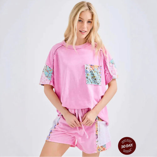 Damen nan lässiges Loungewear-Zweiteiler mit Oversize-Shirt, Kordelshorts, Patchwork-Tasche und Häkelbesatz EB