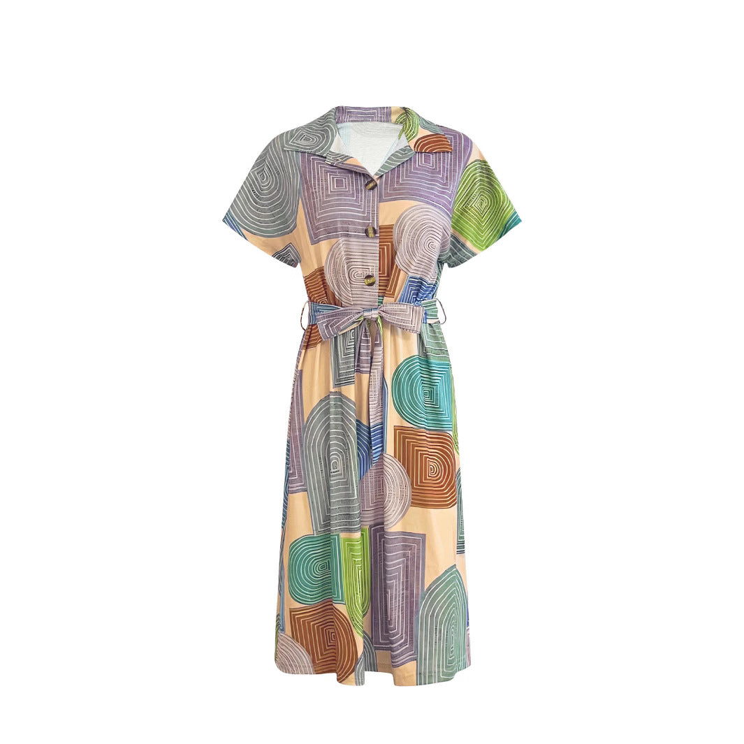 Damen ärmelloses Kleid mit geometrischem Muster und Bindegürtel EB