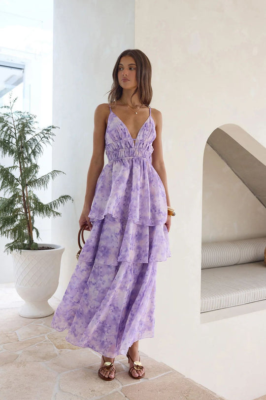 Damen Maxikleid mit voluminösen Rüschenschichten und V-Ausschnitt EB
