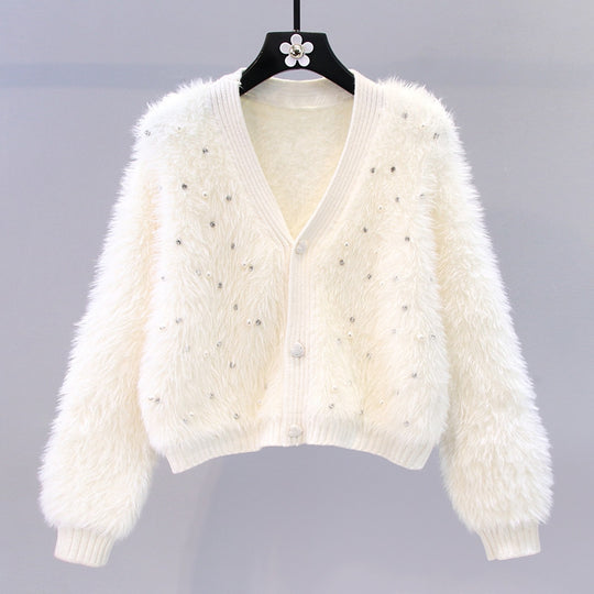 Damen Flauschiger Kurz-Cardigan mit dezenten Knopfdetails EB