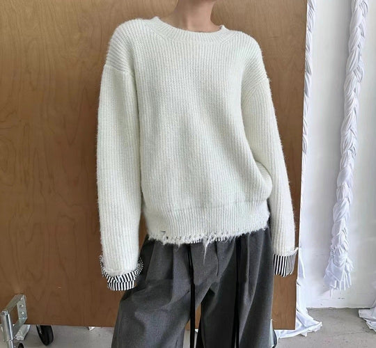 Damen Grob gestrickter Pullover mit einzigartigen Kontrastarmabschlüssen und lässigem Schnitt EB