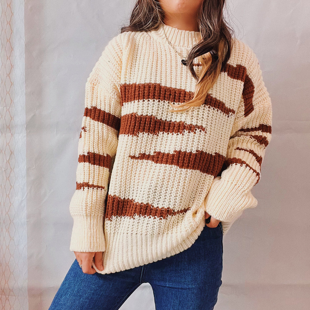 Damen Grobstrickpullover mit luxuriösem Muster und körperbetontem Schnitt EB