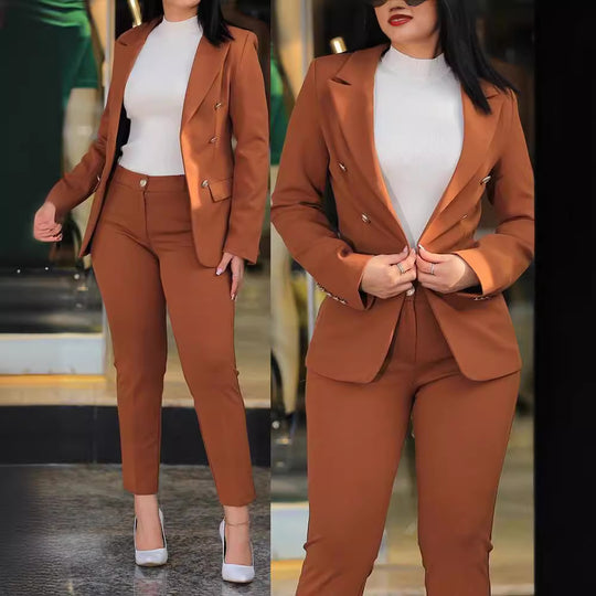 Damen nan tailliertes Business-Hosenanzug-Set mit doppelreihigem Reversblazer und schmal zulaufender Bundhose EB